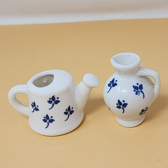 Miniature White Ceramic Tea Set With Blue Floral Design - Set Of 5 Pieces For Di - Picture 5 of 13
